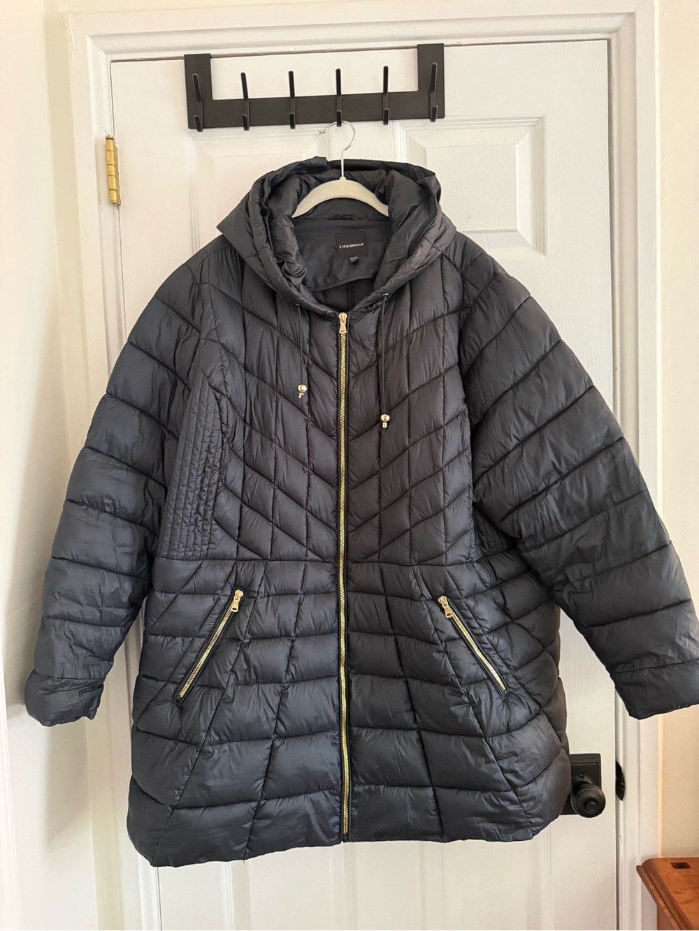 Lane Bryant Black Quilted Hooded Puffer Coat with Gold Hardware - 26/28